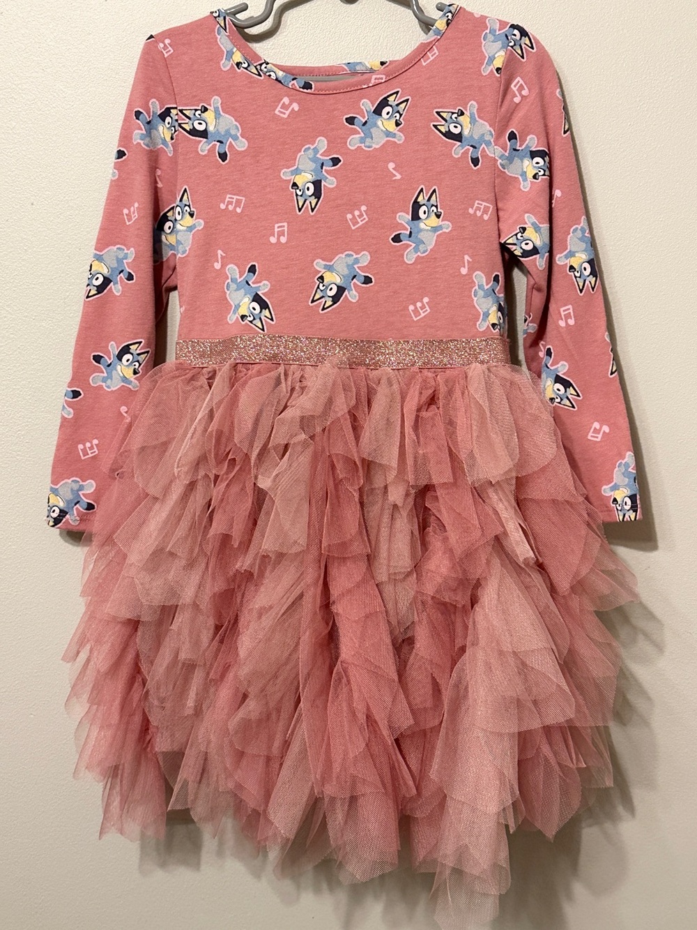 NWOT Bluey long sleeve pink ruffle tulle dress for toddler girls. Size 5T